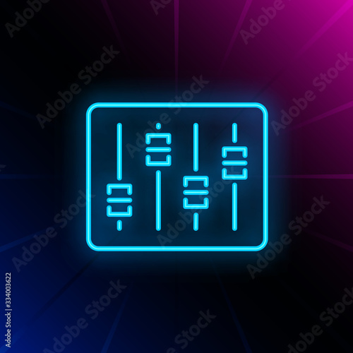 Audio console neon sign. Luminous signboard with faders on control desk. Night bright advertisement. Vector illustration in neon style for record studio, production, music