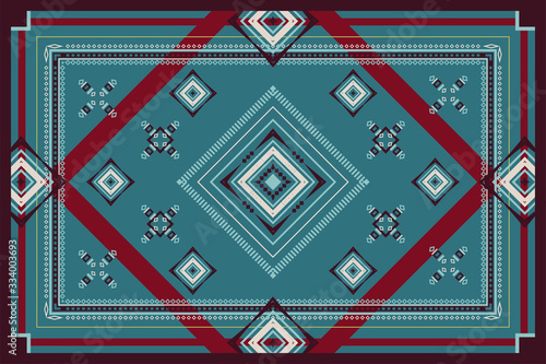 Geometric vector ornament of red, green, beige and cream lines and shapes. Rectangular pattern for carpet, bedspreads, plaid, blankets, shawl and scarf.