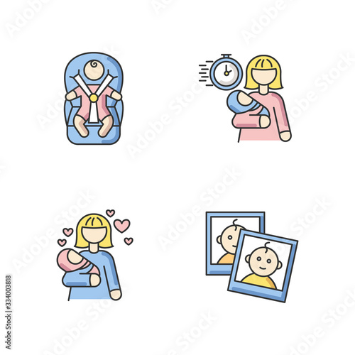 Babysitting service RGB color icons set. Child transportation. Emergency babysitter. Mom love for infant baby. Photo report of little kid for parents. Isolated vector illustrations