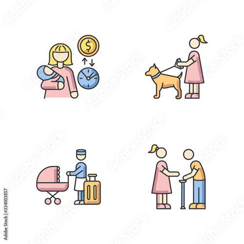 Babysitting service RGB color icons set. Babysitter job pay rate. Pet sitting. Hotel sitter for children. Woman helpin senior man. Elder person with cane. Isolated vector illustrations