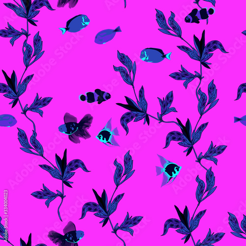 Seamless vector pattern with thin black twigs and fish on a bright pink background.