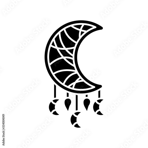 Boho style dreamcatcher black glyph icon. Native American Indian mystic symbol. Dream catcher in crescent shape. Ethnic decoration. Silhouette symbol on white space. Vector isolated illustration