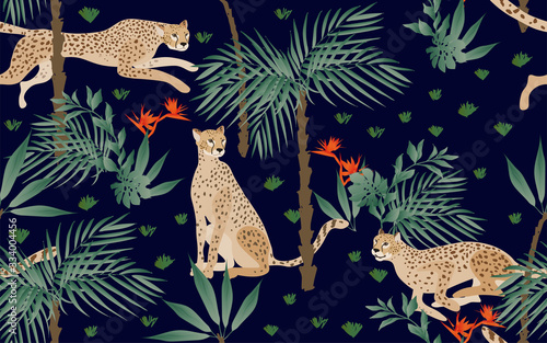 Seamless pattern with tropical print on a beige, cream background. Running, hunting and seated jaguars in the jungle. Trees, palm leaves, plants, Strelitzia flowers and animals of the rainy forest. © Galina Trenina