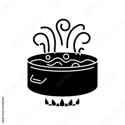 Boiling black glyph icon. Food preparation method, culinary technique, simmering, poaching silhouette symbol on white space. Cooking pot, pan with water on oven fire vector isolated illustration