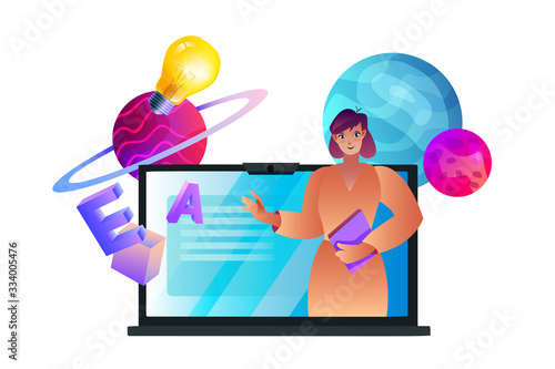 Vector flat illustration with young female teacher with clip chart, laptop, planets, bulb, 3D shapes. Online webinar and courses concept with friendly tutor isolated on white.