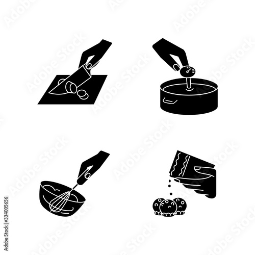 Culinary methods black glyph icons set on white space. Food preparation, cooking techniques silhouette symbols. Cutting, cheesemaking, whipped cream and candy making vector isolated illustrations