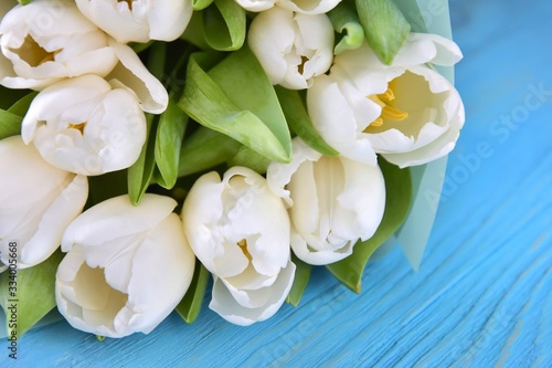 Bouquet of elegant white tulips on blue wooden background. Beautiful bunch of tender spring flowers. Easter gift. Springtime. Greeting card for womans day