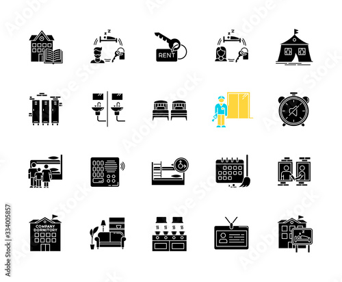 Dormitory black glyph icons set on white space. Communal space. Living accommodations. Hostel, hotel. Shared room. Common bedroom. University campus. Silhouette symbols. Vector isolated illustration