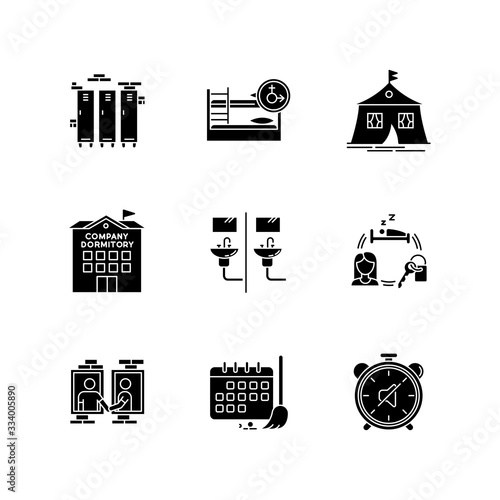 Living in dormitory black glyph icons set on white space. Lockers. Mixed bedroom. Company dorm. Neighborhood. Cleaning schedule. Communal bathroom. Silhouette symbols. Vector isolated illustration