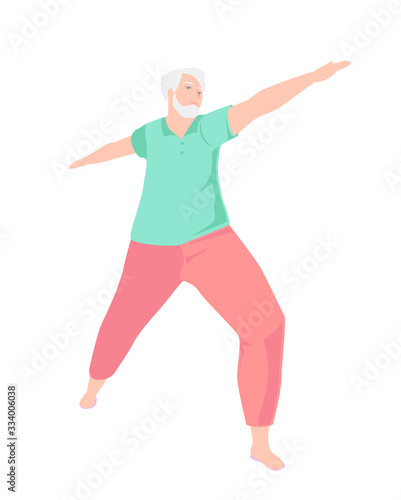 Senior man doing yoga exercises. Full length of mature character in warrior pose isolated on white background. Balance Active lifestyle. Modern flat elderly person Virabhadrasana. Three quarter view