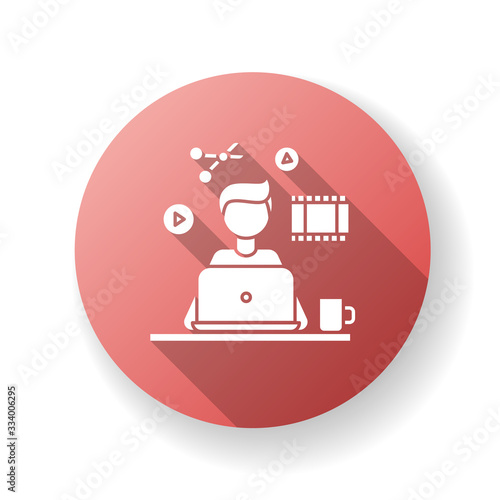 Video editor red flat design long shadow glyph icon. Multimedia content creating, movie editing. Audio and video production, media files designingt. Silhouette RGB color illustration