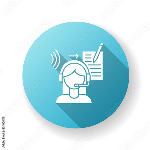 Transcription blue flat design long shadow glyph icon. Listening and translation, foreign language representation, audio records conversion into text. Silhouette RGB color illustration