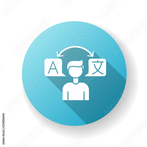 Translator blue flat design long shadow glyph icon. Foreign language freelance interpreter. Interpretation and translation, international communication. Silhouette RGB color illustration