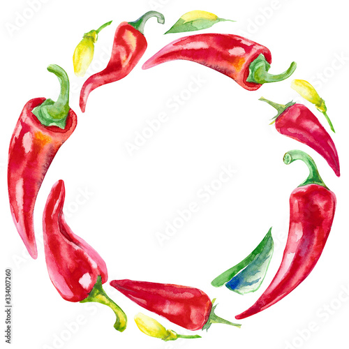 Round frame of red pepper. Watercolor illustration. Design for packaging, menus, restaurants, cafes.