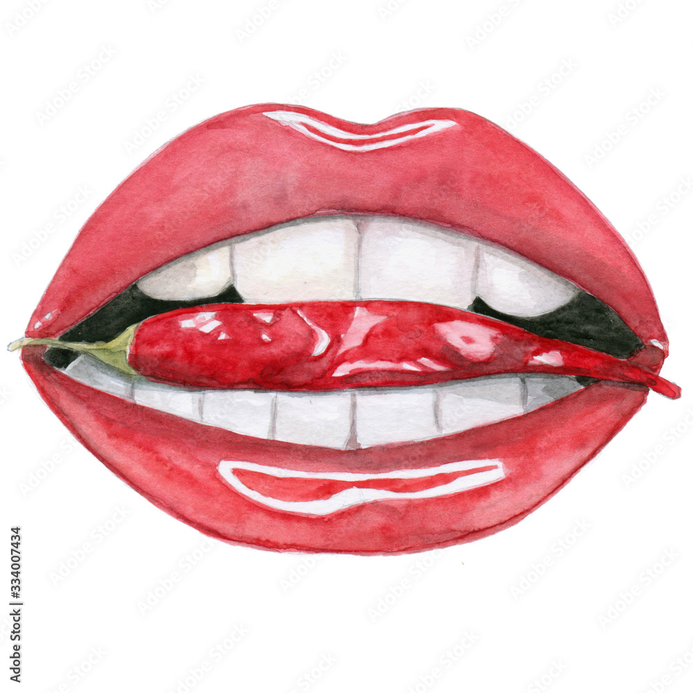 watercolor lips with red pepper isolated on white watercolor lips with red pepper isolated on white