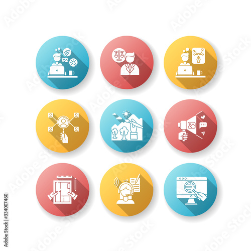 Remote jobs flat design long shadow glyph icons set. Design, transcription and HR management, web research. Illustrator and social media coordinator. Silhouette RGB color illustration