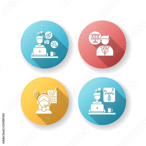 Distant workers flat design long shadow glyph icons set. Creative and graphic design, transcription and legal service. Freelance lawyer and designer. Silhouette RGB color illustration