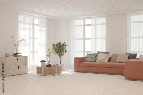 White living room with sofa. Scandinavian interior design. 3D illustration © AntonSh