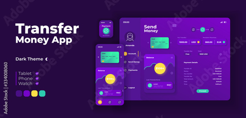 Transfer money app screen vector adaptive design template. Online wallet, internet bank application night mode interface with flat character. Account info smartphone, tablet, smart watch cartoon UI