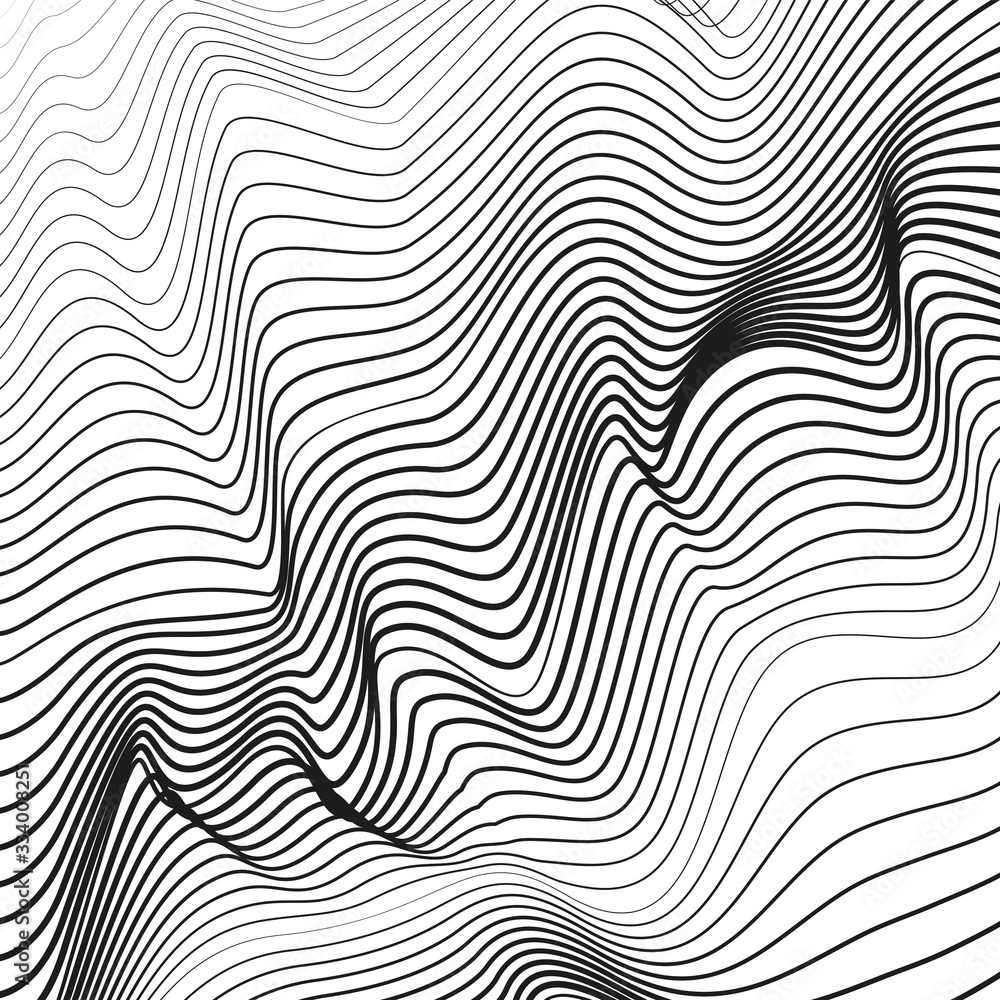 Diagonal black and white waves. Optical illusion. Technology line art design. Vector squiggle subtle curves. Abstract background. Monochrome ripple lines. Striped waving pattern. Textured surface Diagonal black and white waves. Optical illusion. Technology line art design. Vector squiggle subtle curves. Abstract background. Monochrome ripple lines. Striped waving pattern. Textured surface