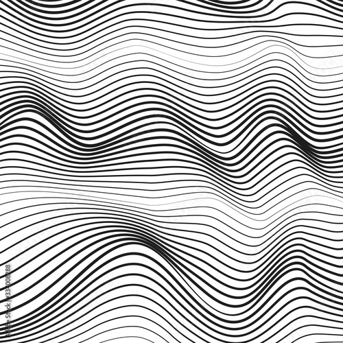 Technology black and white waves. Optical illusion. Line art pattern. design. Vector squiggle subtle curves. Abstract striped background. Monochrome design. Ripple lines. Textured surface. EPS10