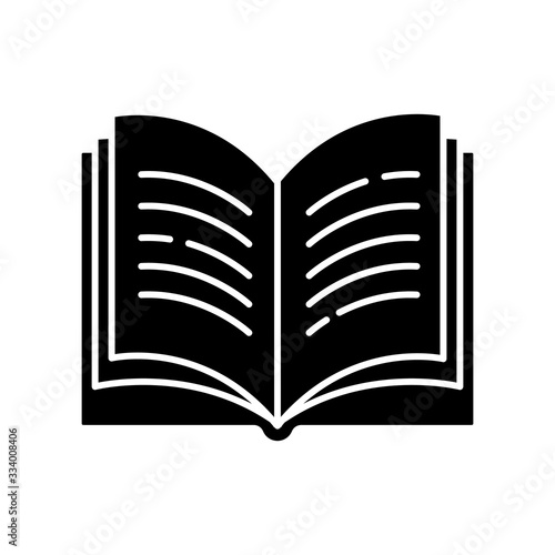 Open book black glyph icon. Dictionary page. Write university paper. Notebook and textbook. Student's diary. Read teacher's assignment. Silhouette symbol on white space. Vector isolated illustration