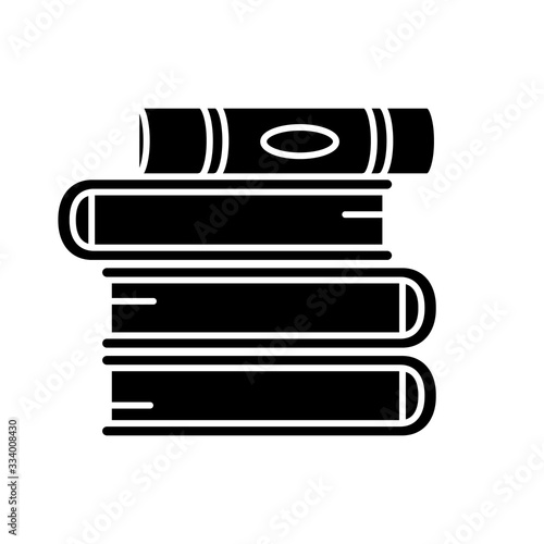 Book pile black glyph icon. Stack of hardcover textbooks. School assignment. Self education. Teach and study. Library collection. Silhouette symbol on white space. Vector isolated illustration