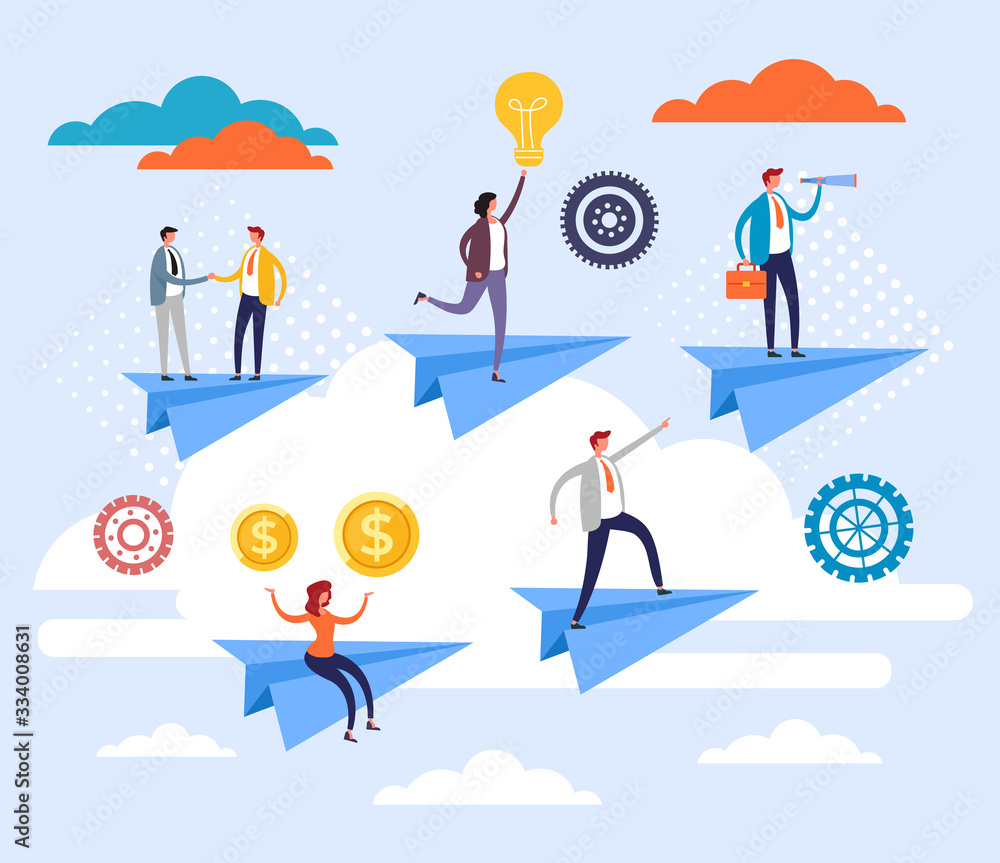 Business team office workers flying on paper plane. Teamwork concept. Vector flat graphic design cartoon illustration Business team office workers flying on paper plane. Teamwork concept. Vector flat graphic design cartoon illustration
