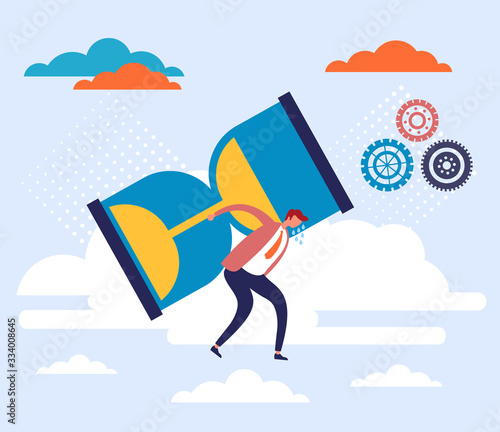 Man office worker character carrying big hourglass. Burden of time concept. Vector flat graphic design cartoon illustration