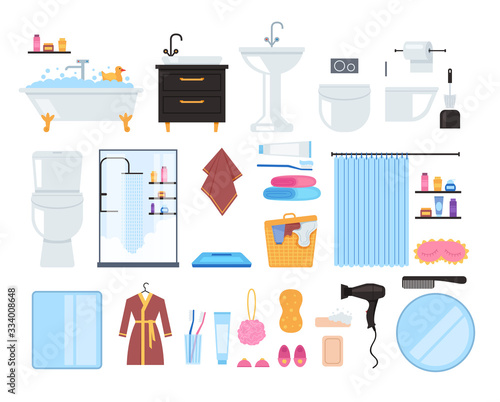 Bathroom washroom toilet elements isolated set. Vector flat graphic design cartoon illustration