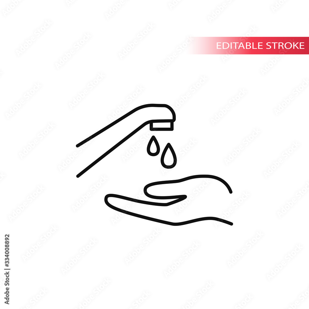 Hands washing thin line isolated vector icon. Hand with faucet or tab and water drops. Editable stroke. Hands washing thin line isolated vector icon. Hand with faucet or tab and water drops. Editable stroke.