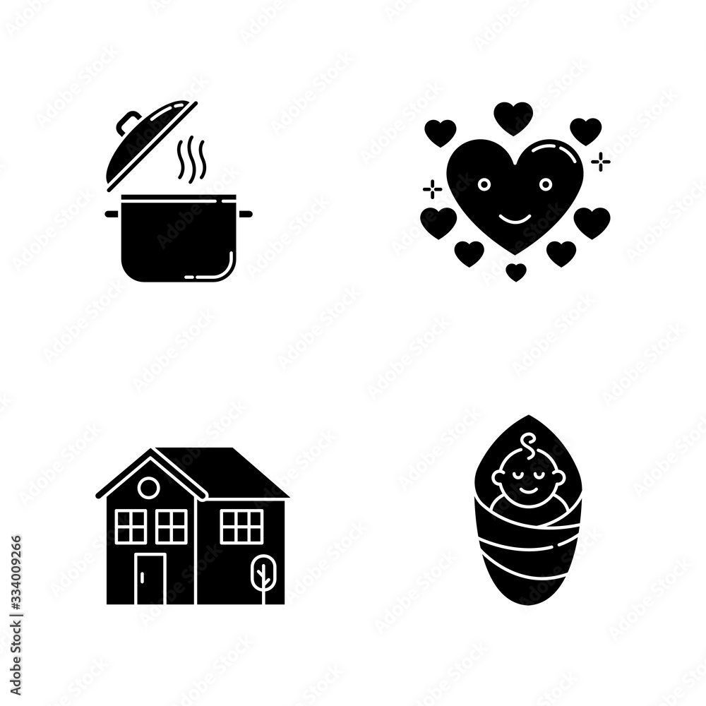 Fototapeta premium Lifestyle black glyph icons set on white space. Cooking pot. Food recipe. Saucepan with steam. Affectionate love. Baby son. Housekeeping, family care. Silhouette symbols. Vector isolated illustrations