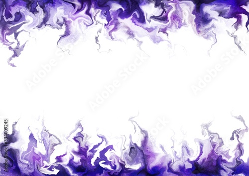 Fluid marble texture background in purple colors. Border with violet smoke, waves, fume on white background. Horizontal wallpaper. Fluid art, digital marbling 