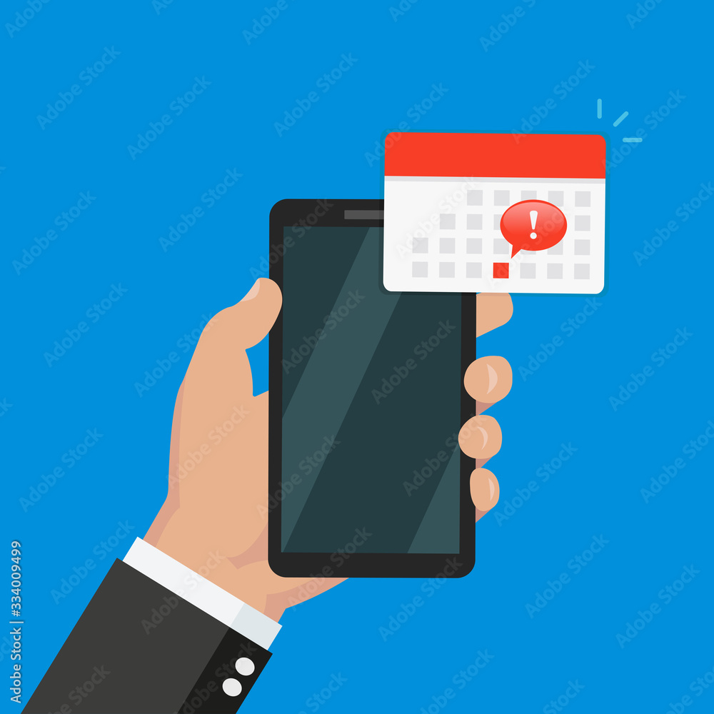Calendar icon, schedule, planning app on smartphone screen. Hand holds smartphone, finger touches screen. Modern concept for web banner, web site, infographic. Creative flat design vector illustration Calendar icon, schedule, planning app on smartphone screen. Hand holds smartphone, finger touches screen. Modern concept for web banner, web site, infographic. Creative flat design vector illustration