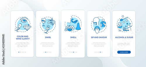 Wine tasting onboarding mobile app page screen with concepts. Masterclass on alcoholic beverage walkthrough 5 steps graphic instructions. UI vector template with RGB color illustrations