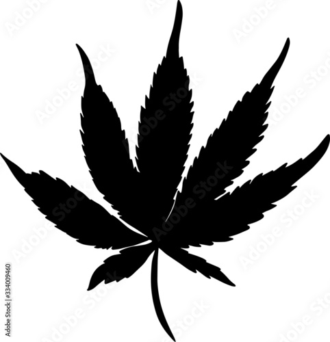 Black hemp leaf isolated on a white background. Silhouette of cannabis. Vector illustration