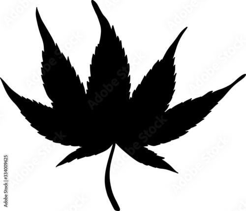 Black hemp leaf isolated on a white background. Silhouette of cannabis. Vector illustration
