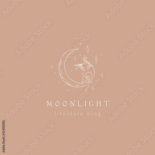 abstract hand drawn crescent moon logo with stars, orchid flower and leaves. icon, vector illustration in trendy line linear art style. Branding