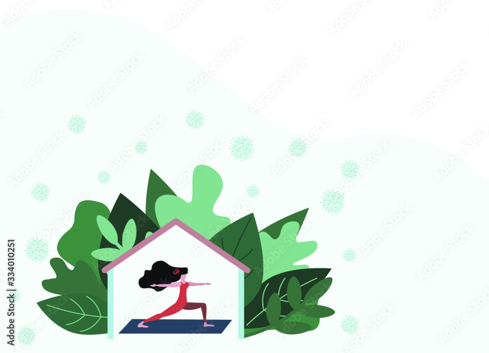 Fototapeta premium Woman doing yoga exercises at home on Quarantine. Coronavirus CoV and virus infection outdoor. Stay home, Stop COVID-19, 2019-nCoV Novel Corona virus. Copy space. Vector