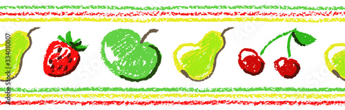 Seamless border, pattern or frame funny doodle fruits set. Crayon like kids hand drawn colorful bright health fresh pear, cherry, apple and strawberry. Vector pastel chalk or pencil child simple art
