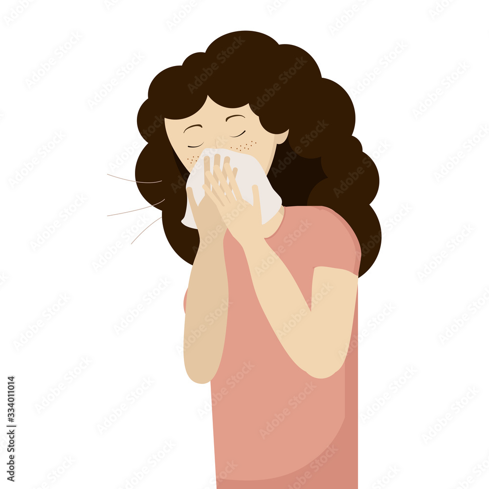 A young girl with curly hair sneezes correctly in a handkerchief. Virus spread prevention. Flat vector illustration. A young girl with curly hair sneezes correctly in a handkerchief. Virus spread prevention. Flat vector illustration.