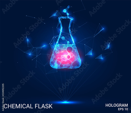 A hologram of a chemical flask. Chemical equipment consisting of polygons, triangles of points and lines. The flask is a low-poly compound structure. The technology concept.