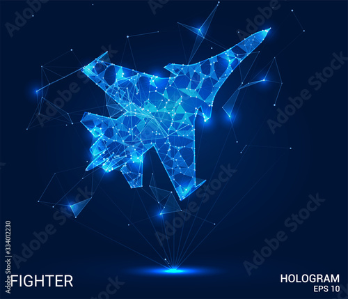 Hologram fighter. A fighter made of polygons, triangles of points and lines. Plane is a low-poly compound structure. The technology concept.