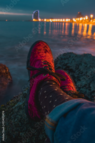 Colorful socks on the beach in Barcelona, Spain. Sunrise. photo