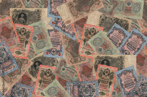 Original pattern, background from unique old Russian banknotes, rubles. Currency unit of Imperial Russia. Close-up, high resolution texture