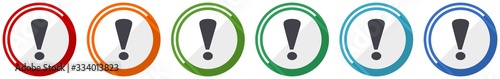 Exclamation sign icon set, flat design vector illustration in 6 colors options for webdesign and mobile applications