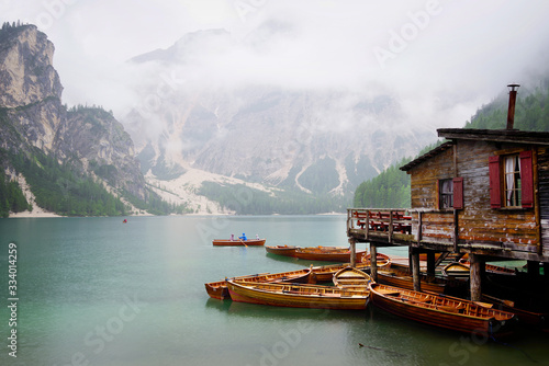 Rainy weather at Lago di Braies, Dolomites, Italy, Europe