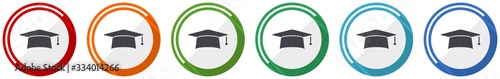 Graduation icon set, cap, education flat design vector illustration in 6 colors options for webdesign and mobile applications
