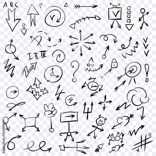 Arrow doodles vector. A set of simple sketches of arrows. Up, down, left, right ones. The effect of a pencil sketch isolated on transparent background. Vector eps 10.