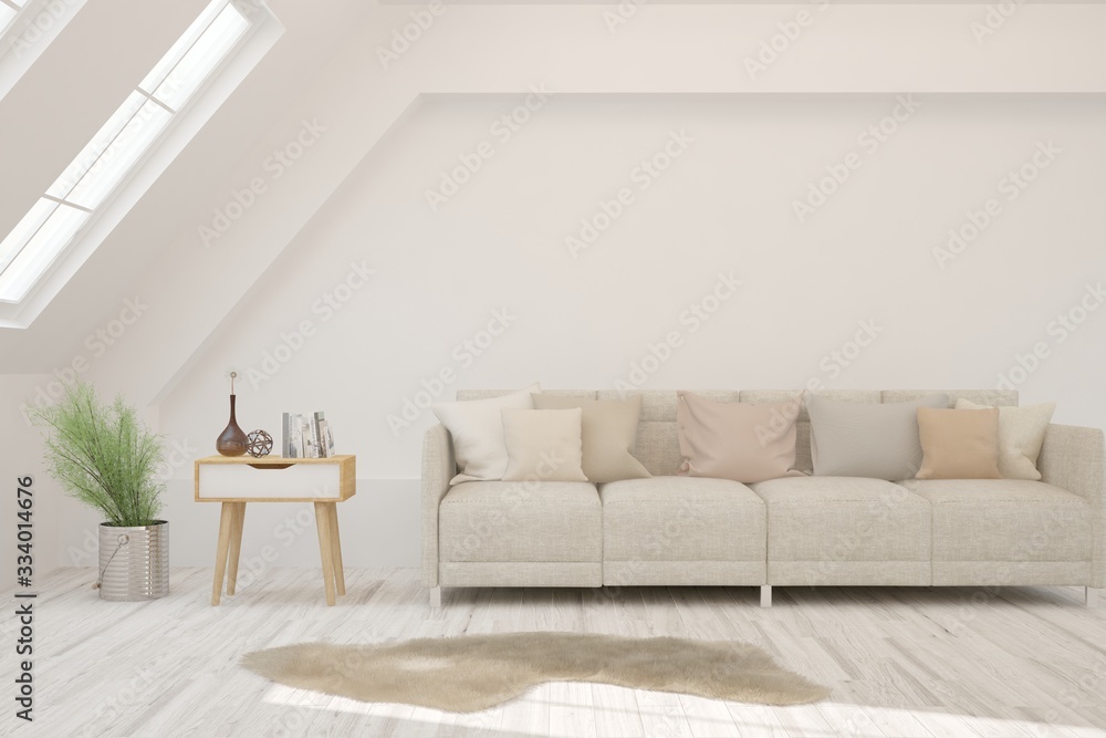 Fototapeta premium White living room with sofa. Scandinavian interior design. 3D illustration